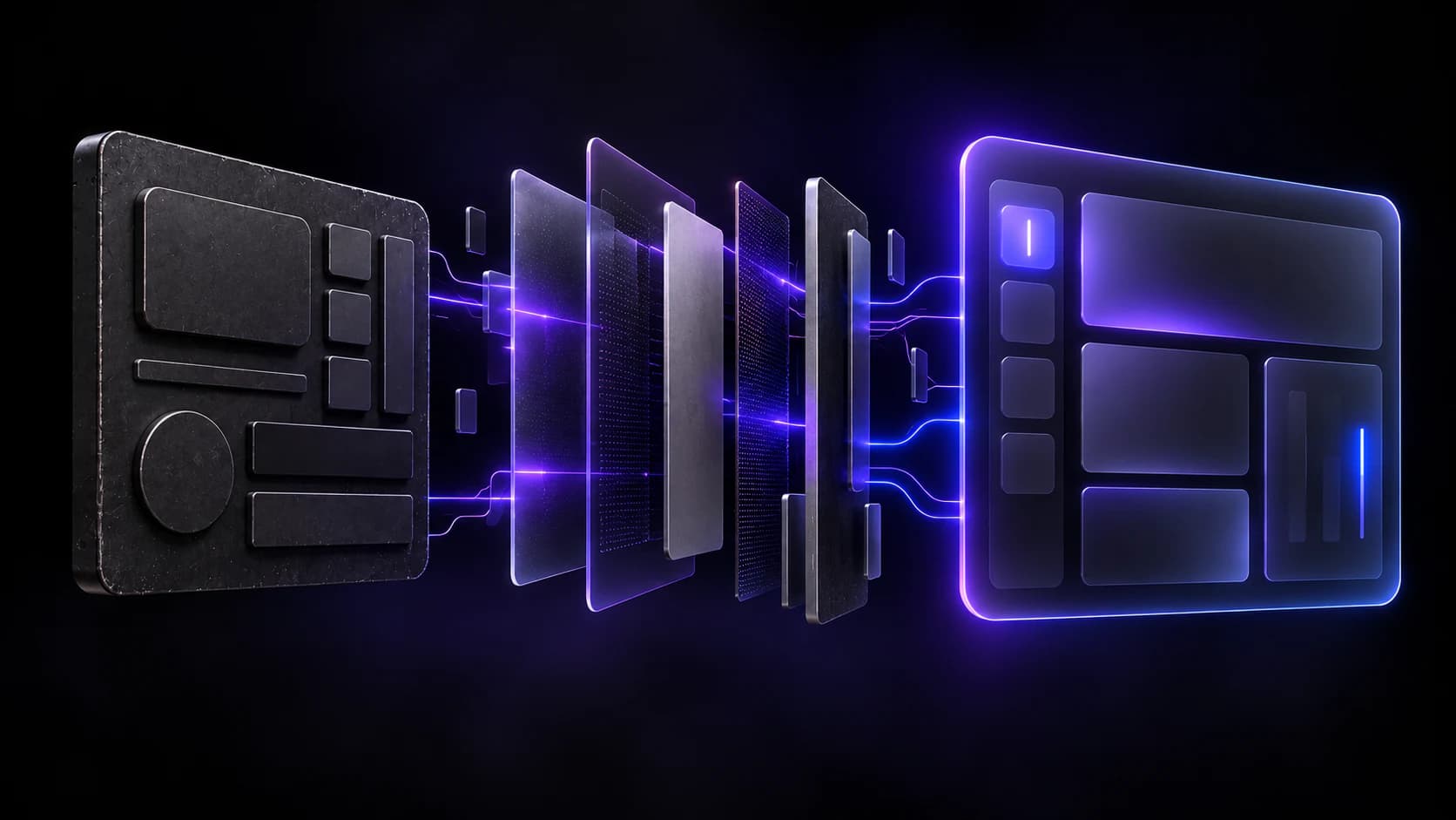 Una maqueta web oscura y antigua se transforma, capa por capa, en un diseño nuevo iluminado en violeta