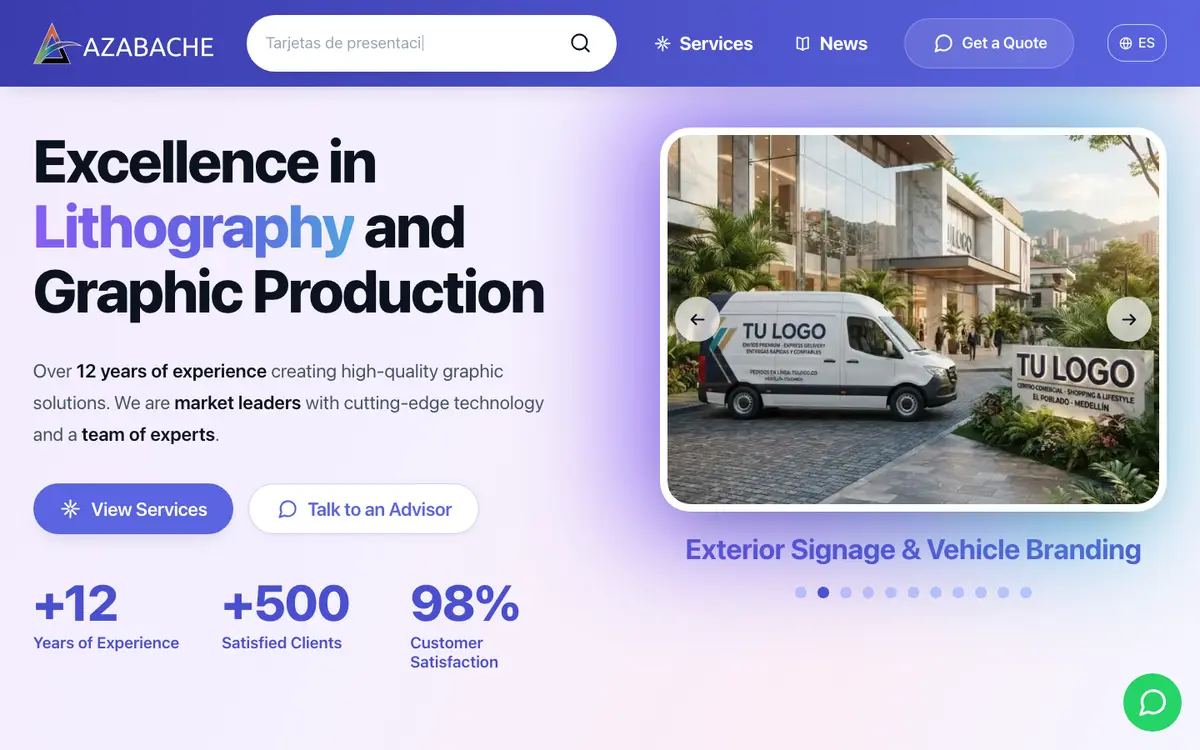 Screenshot of the Azabache Producciones website on desktop