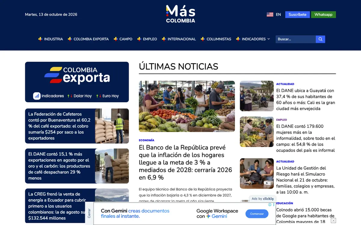 Captura del sitio de Más Colombia en computador